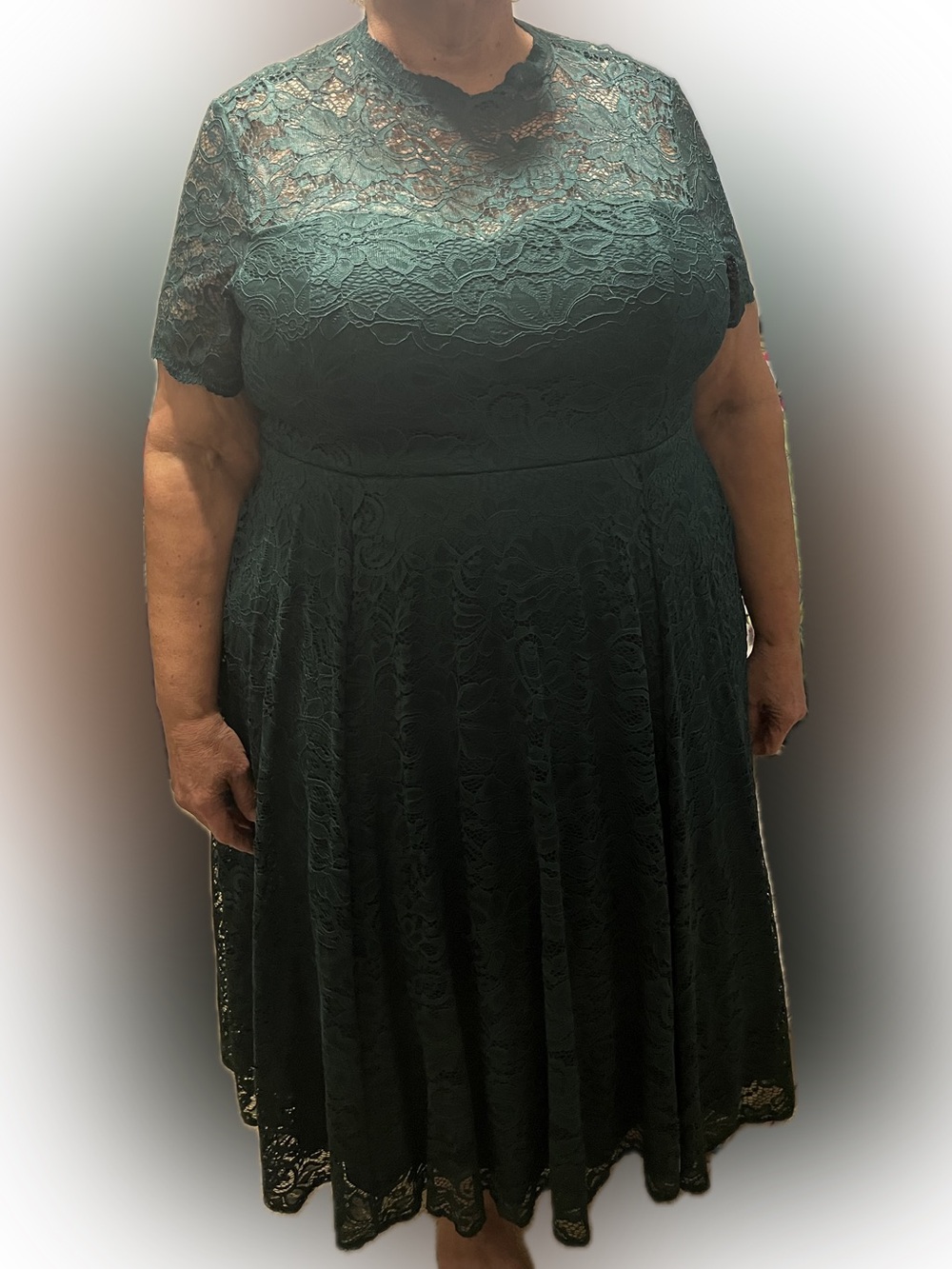 Plus-Size Teal Lace Midi Dress with Sheer Yoke